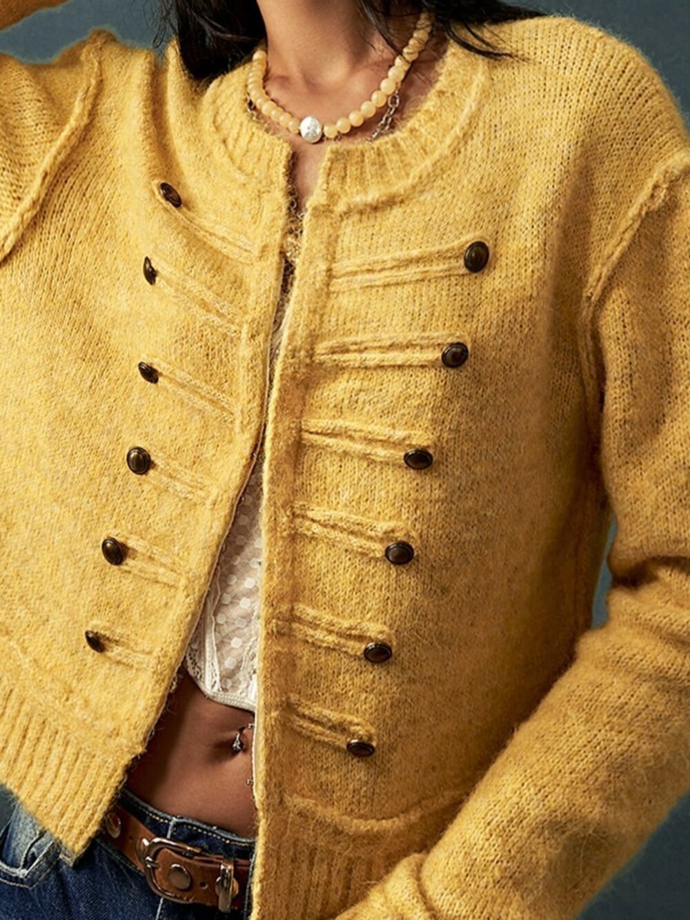 Yellow Casual Women's Loose Fit Drop Shoulder Round Neck Plain Fuzzy Cardigan